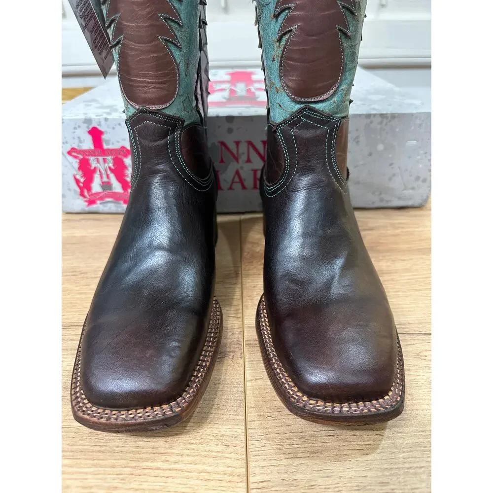 Tanner Mark Men's Cowboy Boots Brown Bronze Teal Leather Size 9 NIB Western